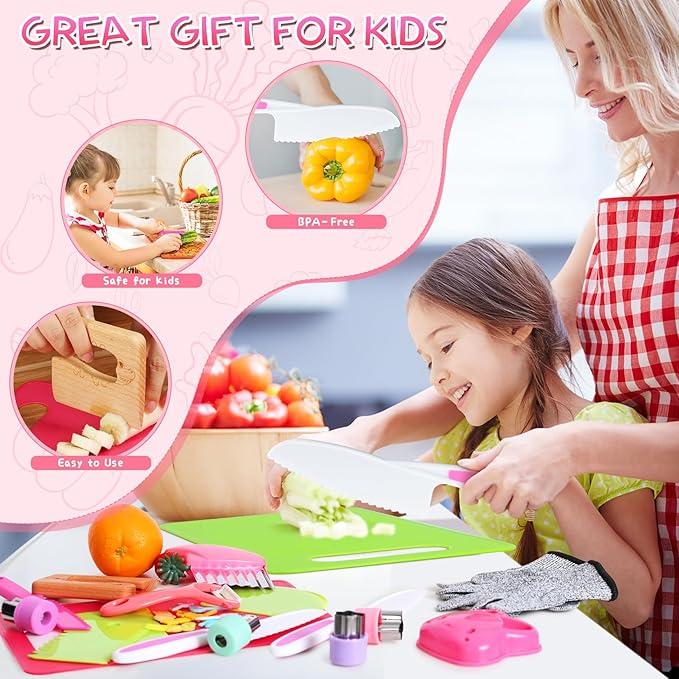 DISHIO Kids Kitchen Set, Montessori kitchen tools for real cooking, 28 Toddler kitchen knife sets, gloves, creasing knives, Montessori toys, perfect for 3 4 5 6 7 8 9 10 year old girl boy birthday gift montessori kid sensory kitchenset Child's Safe