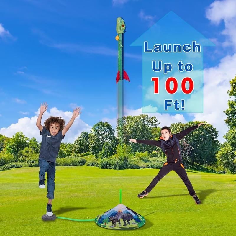 Dinosaur Toy Rocket Launcher for Kids - Launch Up to 100 Ft, 4 Rockets, Outdoor Outside Toys for Kids, Dinosaur Toys, Birthday Gifts for 3 4 5 6 7 8-12 Year Old Boys Girls