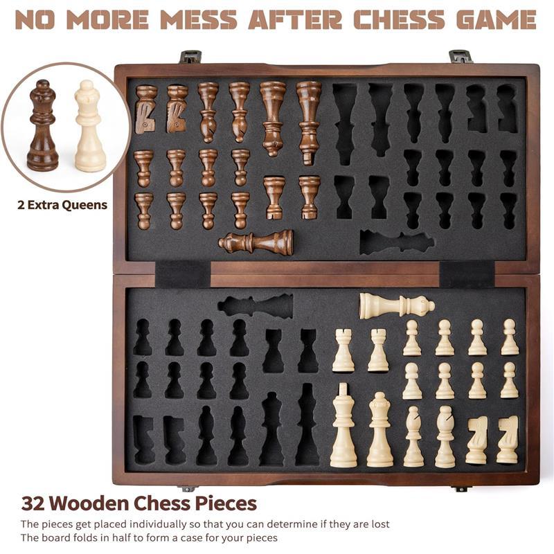 15 inch Magnetic Chess Set Wooden Folding Chessboard with 34 Chess Pieces Travel Chess Game