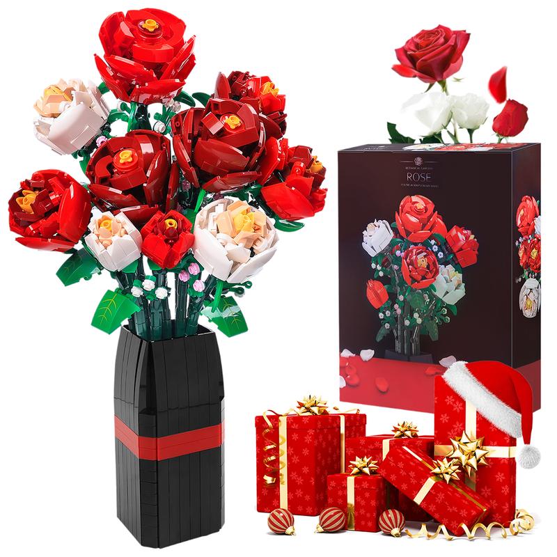 818 PCS Rose Artificial Flower Toy DIY Bouquet Set with Puzzle Vase, for Kids Women Girls, Valentine's Birthday Mother's Day Building Blocks kits