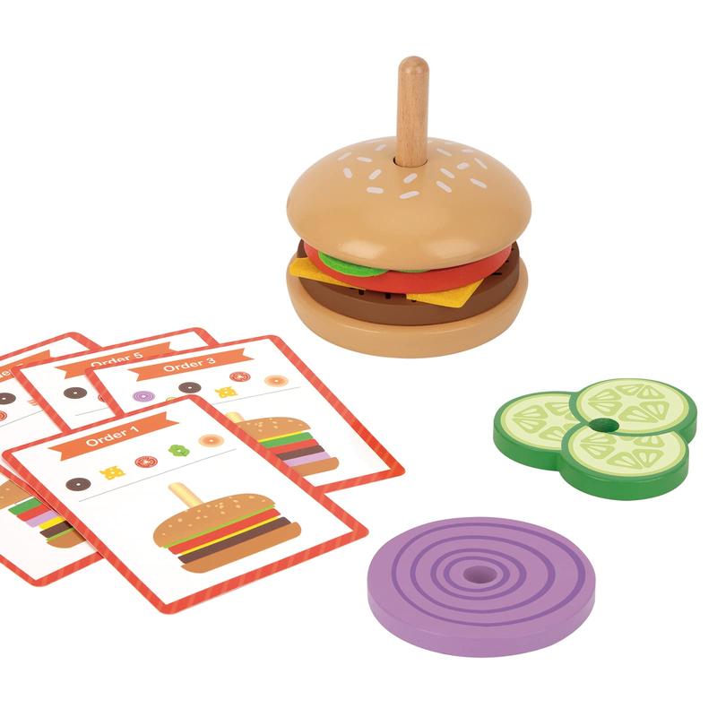 Montessori Hamburger Stacking Toys, Wooden Burger Toy Play Food Toys for Kids, Fine Motor Toys for , Fake Food Hamburger Toys with Order Cards