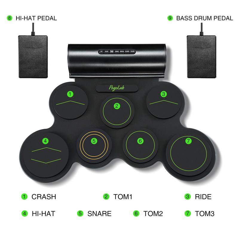 POGOLAB G3001 Electronic Drum Set, 7 Pads Roll Up Electric Drum Pad with Wireless Function, Portable Rechargeable Midi Drum Kit with Speaker Pedals Headphone Jack, Great Holiday Gift for Beginner