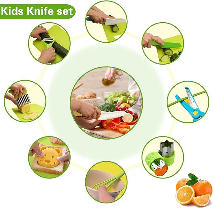 Toddler Knife Set - Kids Knifes for Real Cooking,  Kids Kitchen Knife Set with Cutting Board Crinkle Cutters Kid Safe Knives, Toddlers Kitchen Tools for Age 2-10 Year Old Girl Boy cutting board kitchen tool  kid   cooking montessori