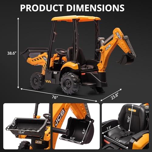 4 in 1 Ride on Excavator & Bulldozer, 12V Battery Powered Electric Vehicle with Remote Control, Front Loader, Digger, Horn, Adjustable Seat, EVA Tires, Removable Tent, Multiple Colors