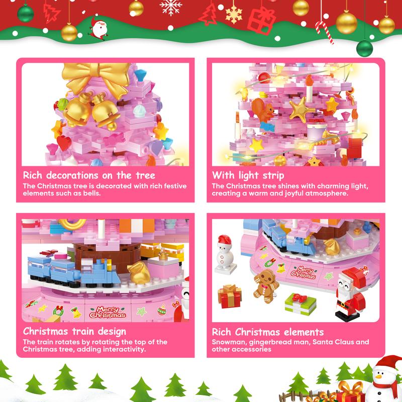 TOKMOC 2024 Rotatable Train Christmas Tree Building Block Set,Pink and Green,24 Days DIY Advent Calendar Surprise Christmas Countdown Mini Building Block Architecture,Christmas Gift and Home Decoration,For aged 12 and above,70001,1188 Pieces