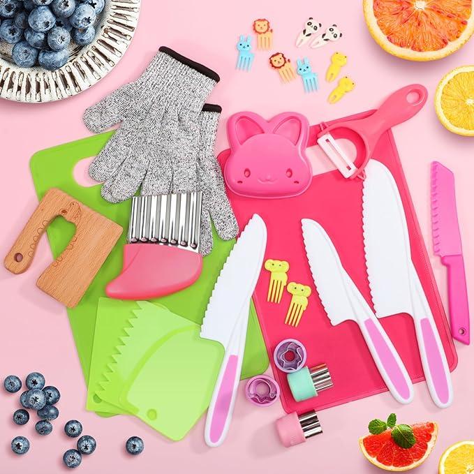 DISHIO Kids Kitchen Set, Montessori kitchen tools for real cooking, 28 Toddler kitchen knife sets, gloves, creasing knives, Montessori toys, perfect for 3 4 5 6 7 8 9 10 year old girl boy birthday gift montessori kid sensory kitchenset Child's Safe