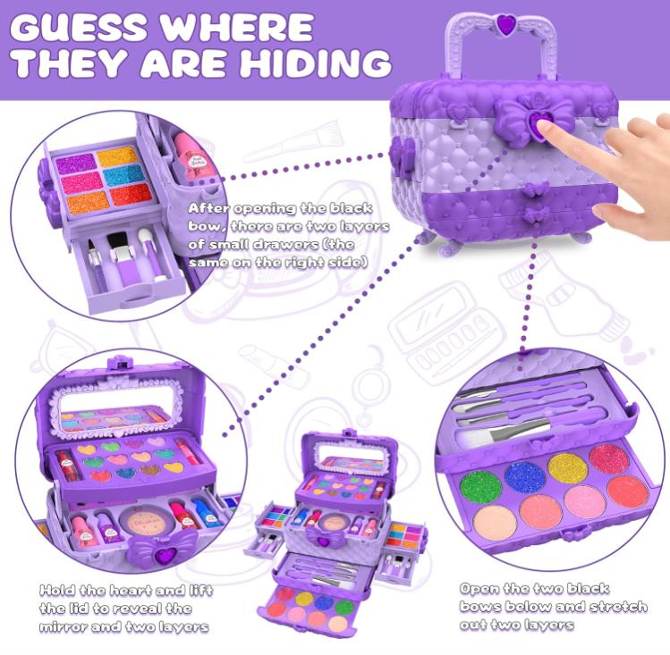 54 Pcs Kids Makeup Kit for Girls, Princess Real Washable Pretend Play Cosmetic Set Toys with Mirror, Non-Toxic & Safe