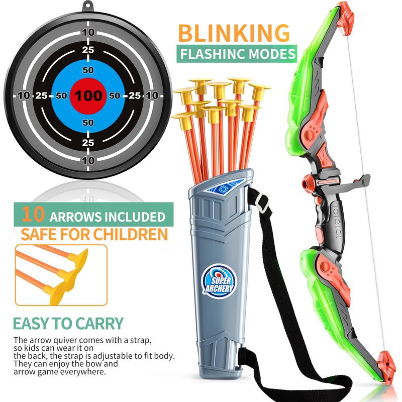 2 pack set archery bow arrow toy set outdoor hunting play with 2 bow 20 suction cup arrows 2 target & 2 quiver, LED light up function toy, outdoor toys,