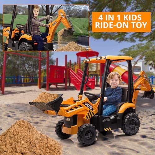 4 in 1 Ride on Excavator & Bulldozer, 12V Battery Powered Electric Vehicle with Remote Control, Front Loader, Digger, Horn, Adjustable Seat, EVA Tires, Removable Tent, Multiple Colors