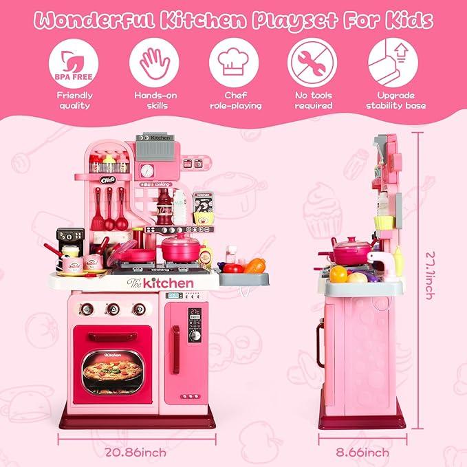 DISHIO Children's Kitchen Play Set, a 27.1-inch sound and Light play kitchen with a combination of cooking stove, play sink and pretend toy kitchen accessories, Toddler Kitchen Play Set is a great holiday companion for kids