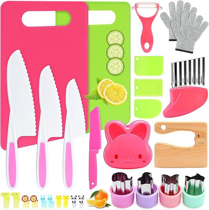 DISHIO Kids Kitchen Set, Montessori kitchen tools for real cooking, 28 Toddler kitchen knife sets, gloves, creasing knives, Montessori toys, perfect for 3 4 5 6 7 8 9 10 year old girl boy birthday gift montessori kid sensory kitchenset Child's Safe