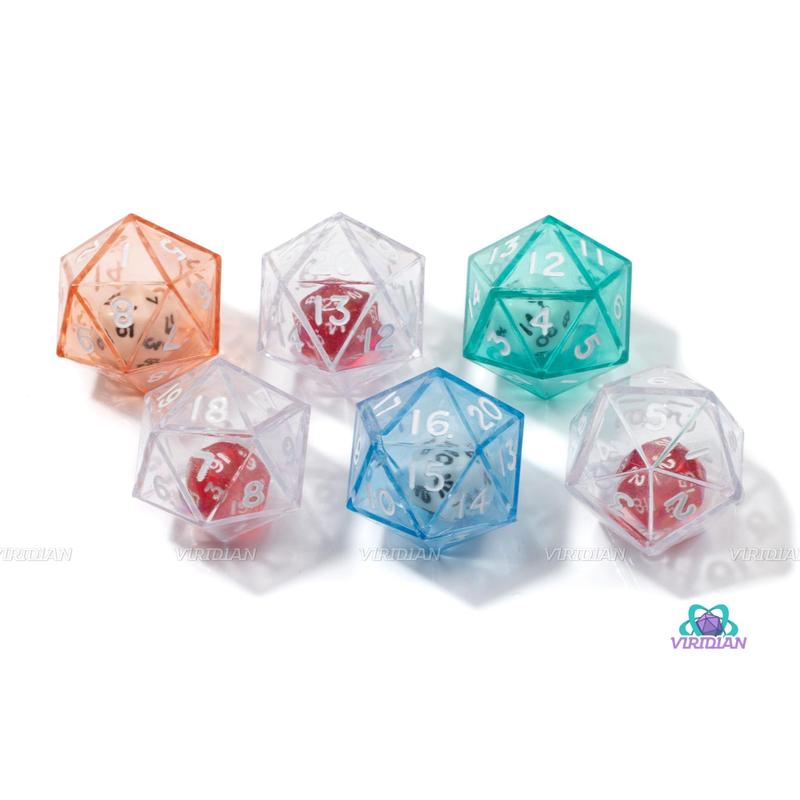 Advantage Disadvantage Double D20s | (6) Acrylic Translucent Multicolor D20 Dice With Smaller D20 Inside