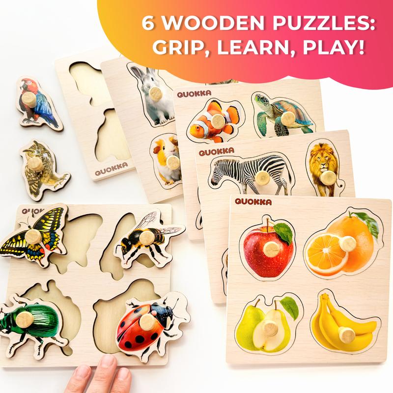 QUOKKA 6 Set Realistic Wooden Puzzles for Toddlers | Animals, Fruits & Insects