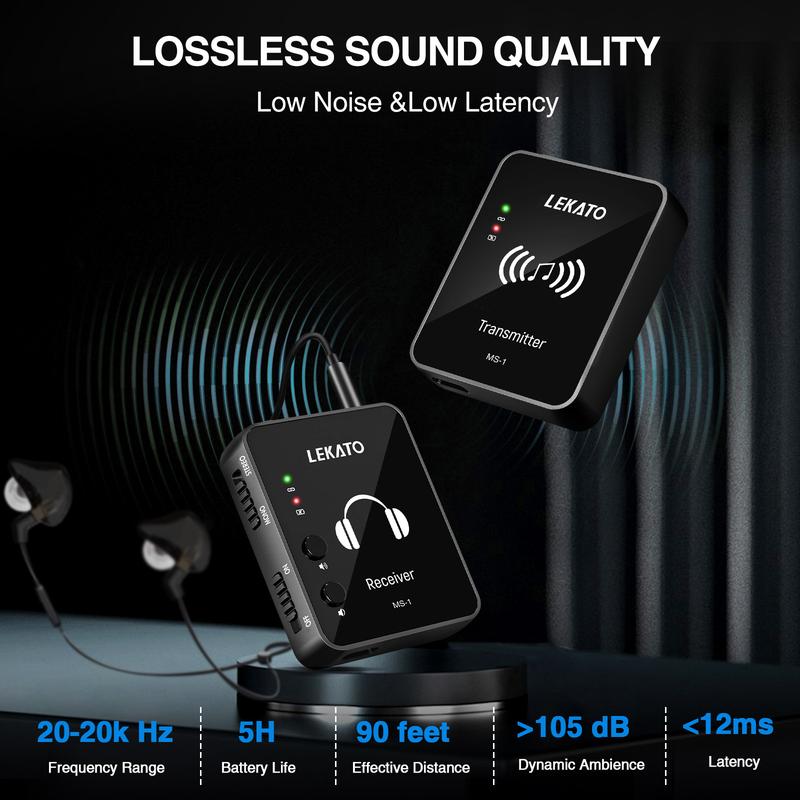 LEKATO MS-1 2.4G Stereo Wireless IEM System with Transmitter Beltpack Receiver for Guitar, Wireless In-Ear Monitor System, Automatic Pairing, for Studio, Band Rehearsal, Live Performance