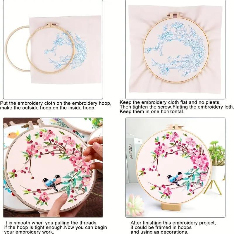 Flower & Animal Pattern Embroidery Material Kit, 1 Pack DIY Embroidery Kit with Tool Accessories, DIY Cross Stitch Kit for Beginner