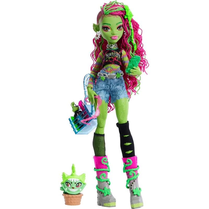 Monster High Venus McFlytrap Doll, Plant Monster with Pet Cat Chewlian & Accessories Like Backpack, Notebook, Snacks & More