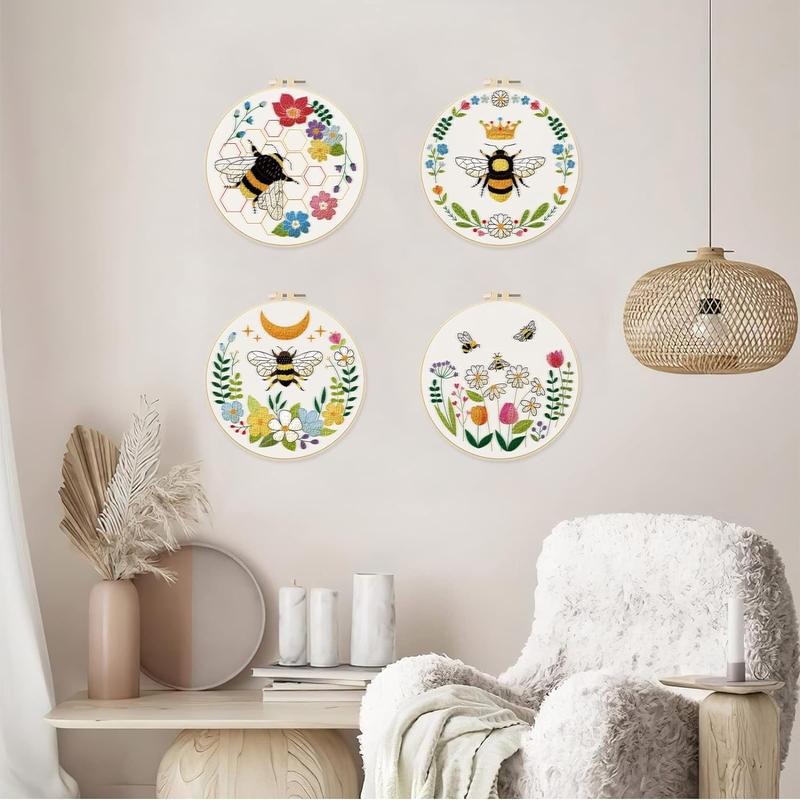 Bee & Flower Pattern Embroidery Kit, 4pcs set DIY Embroidery Set With Accessories, Embroidery Starter Kit For Beginner