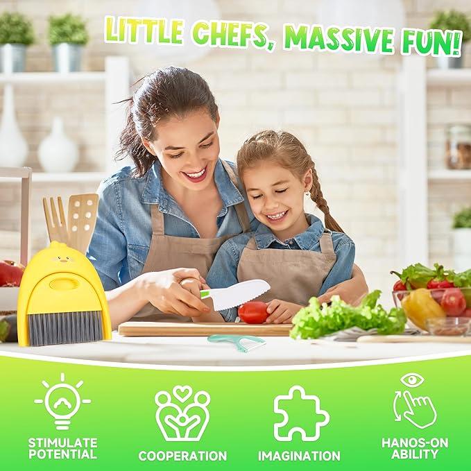 28 Count Kids Cooking Set - Kitchen Tools with Plastic Knives, Cutting Board, Cleaning Tools and More Kitchen Accessories - Kids Knife Set for Real Cooking,Educational Gift for Kids Boys Girls.