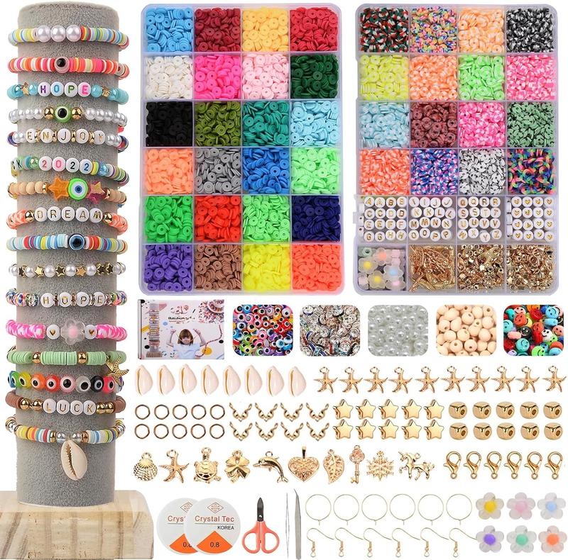 10000 count Clay Beads for Bracelet Making,Flat Round Polymer Clay Beads Spacer Heishi Beads with Letter Beads Charms Elastic Strings for  Making Kit Bracelets Necklace