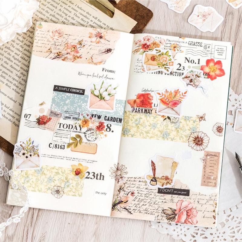 Floral Envelope Sticker, 46pcs set Retro Flower Collage Handmade Decoration Self-adhesive Sticker, Scrapbooking & Stamping Supplies