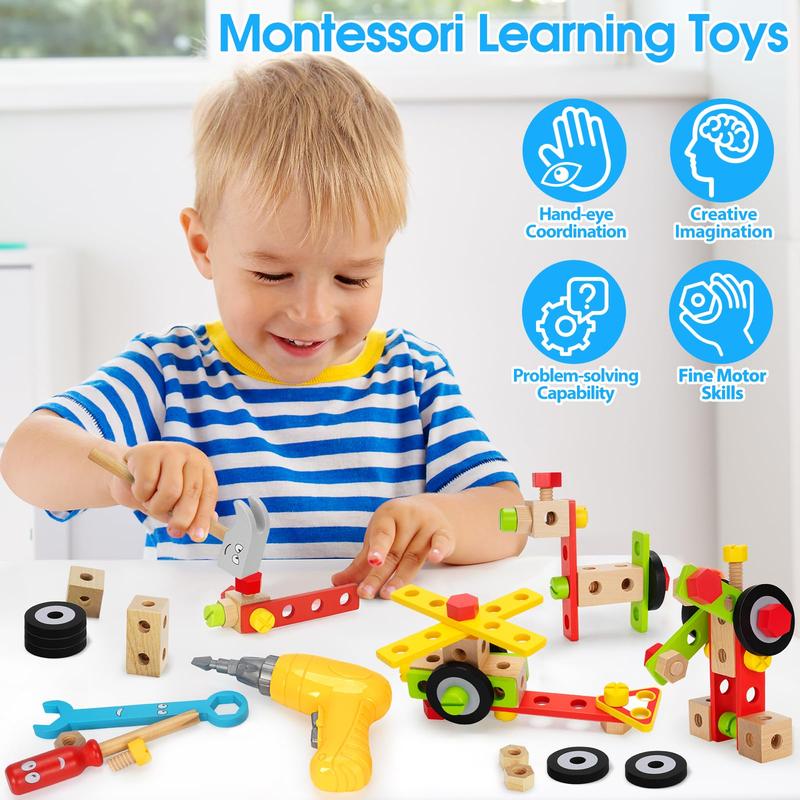 Kids Tool Set Toy with Drill, Stem Montessori Toys for 3 4 5 Years Old Boy Girl, 44 Pack Wooden Toddler Tool Kits Inc Box, Learning Educational Construction Toy