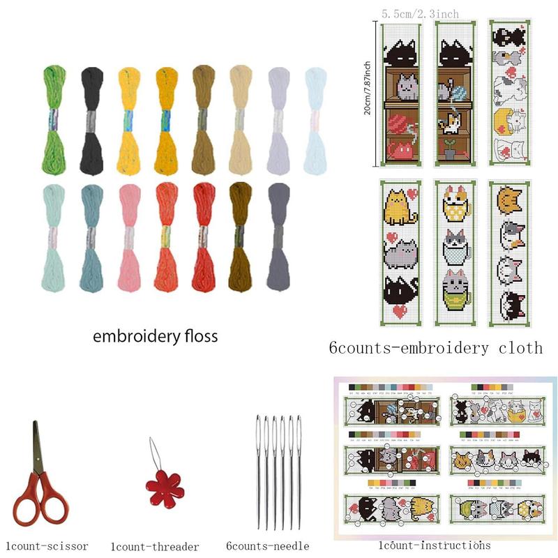 Cartoon Cat Pattern Cross Stitch Kit, 6 Counts set DIY Cross Stitch Bookmark Kit with Random Color Embroidery Accessories