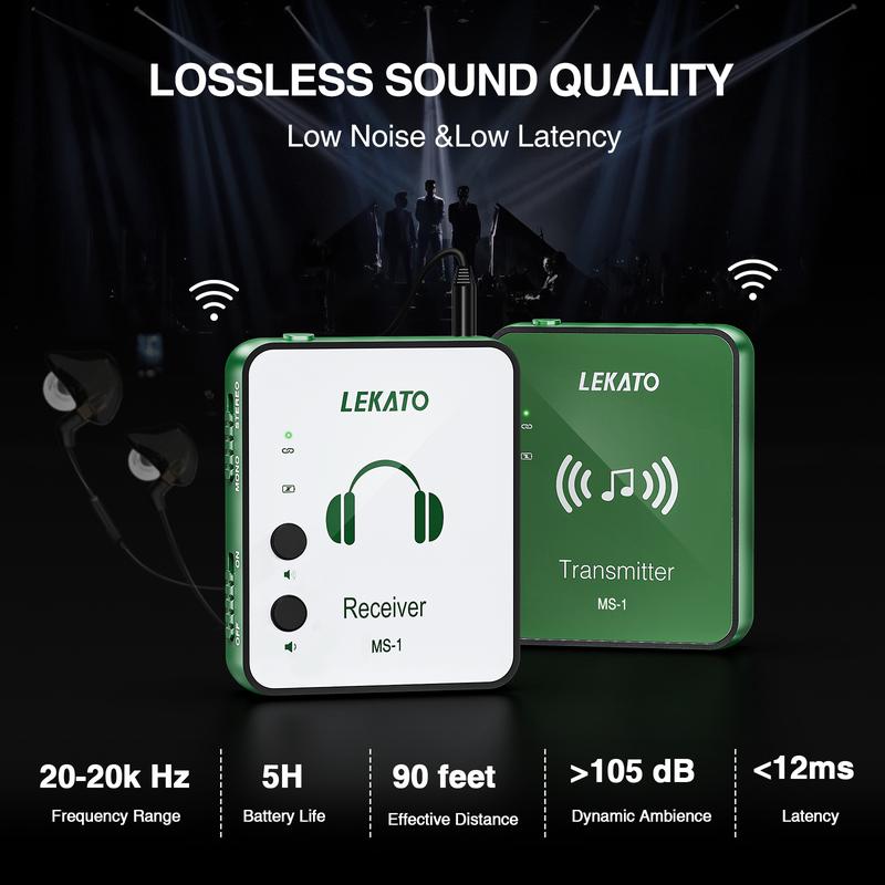 LEKATO MS-1 2.4G Stereo Wireless IEM System with Transmitter Beltpack Receiver for Guitar, Wireless In-Ear Monitor System, Automatic Pairing, for Studio, Band Rehearsal, Live Performance