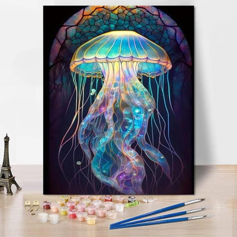 Jellyfish Pattern Number Painting Kit, 1 Set DIY Canvas Wall Art with Brush & Paint, Wall Art for Home Decor without Frame