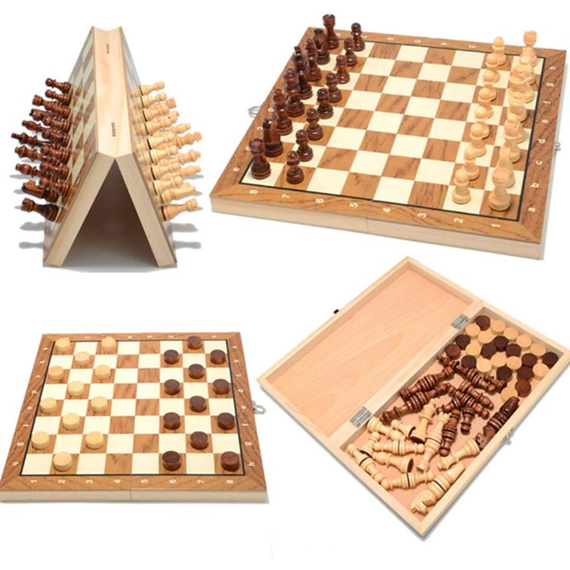 Wooden Chess Board Game, 1 Box 2 in 1 Foldable Chess Board Game, Indoor Recreation Equipment for Home & Travel, Birthday Gift