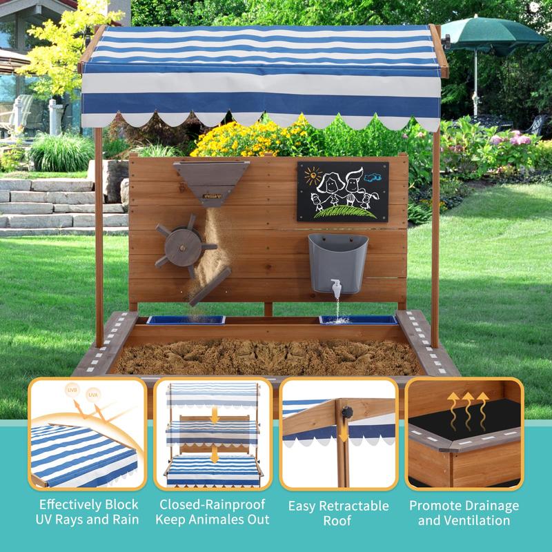 Kids Large Wooden SandBoxes with Roof, Pipleo Outdoor Sand Box Play w Canopy for Backyard Garden Beach, Sand Pit for Beach Patio Outdoor, [Adjustable Cover & Sand Funnel & Drawing Board] - Brown Oak