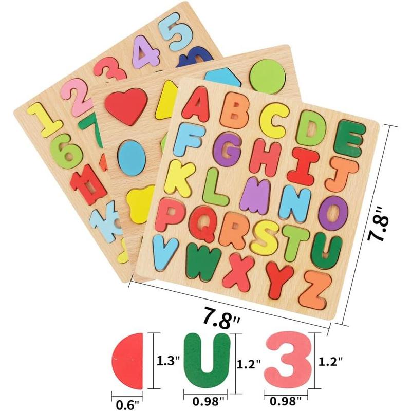 Puzzles for , 3 Pack Wooden ABC Alphabet Number Shape Puzzles  Learning Toys  Boys Girls, Montessori Preschool Educational Gift Learning Letter Puzzles Toys