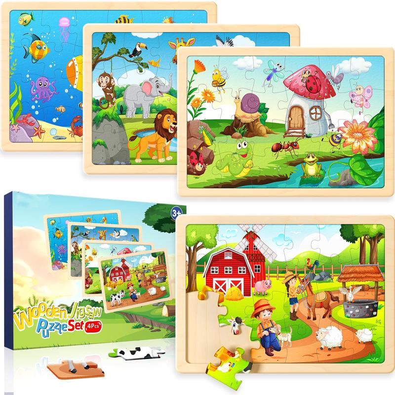 Wooden Puzzles Toys for Kids Ages 4-8, Set of 4 Packs with 24-Piece, Farm, Zoo, Insects, Sea Animals Wood Jigsaw Puzzles, Preschool Educational Brain Teaser Toys