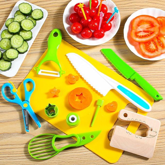 28 Count Kids Cooking Set - Kitchen Tools with Plastic Knives, Cutting Board, Cleaning Tools and More Kitchen Accessories - Kids Knife Set for Real Cooking,Educational Gift for Kids Boys Girls.