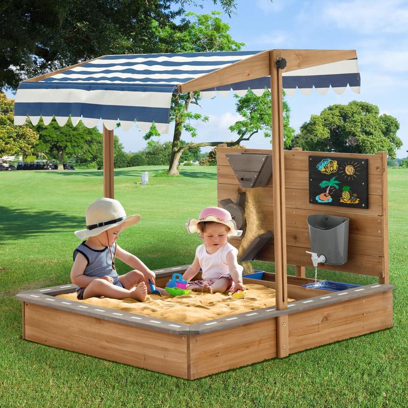 Kids Large Wooden SandBoxes with Roof, Pipleo Outdoor Sand Box Play w Canopy for Backyard Garden Beach, Sand Pit for Beach Patio Outdoor, [Adjustable Cover & Sand Funnel & Drawing Board] - Brown Oak