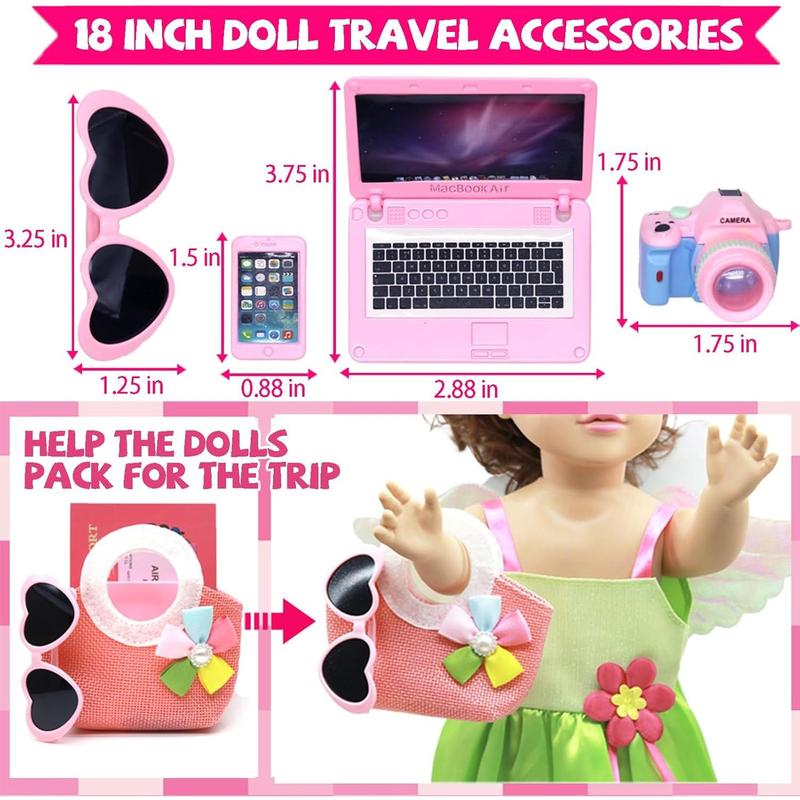 American 18 Inch Doll Clothes and Accessories-Include Dress with Wings, Suitcase Luggage, Sunglasses, Camera, Mobile Phone, Computer, Bag, Clogs Doll Travel Gear Play Set Fit 18 in Girl Doll (No Doll)