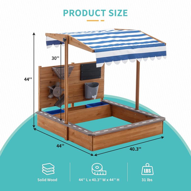 Kids Large Wooden SandBoxes with Roof, Pipleo Outdoor Sand Box Play w Canopy for Backyard Garden Beach, Sand Pit for Beach Patio Outdoor, [Adjustable Cover & Sand Funnel & Drawing Board] - Brown Oak