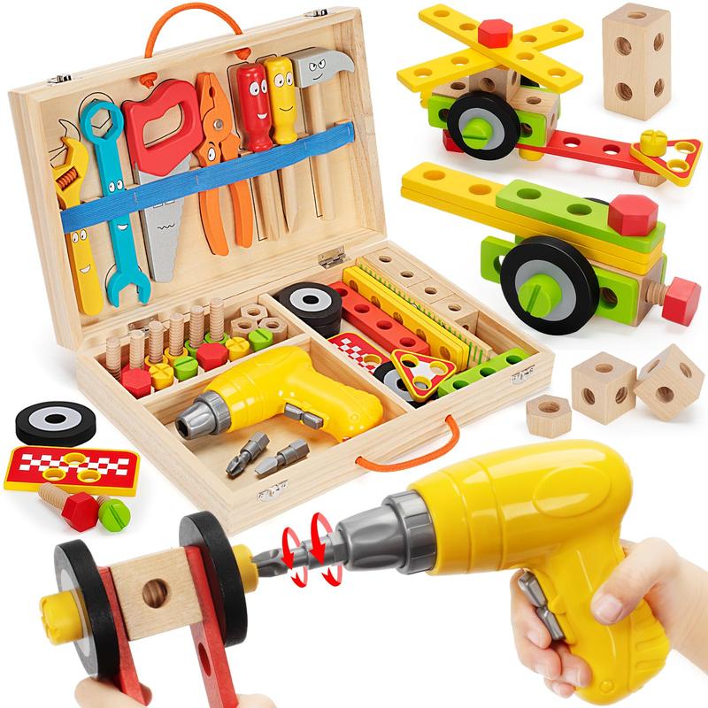 Kids Tool Set Toy with Drill, Stem Montessori Toys for 3 4 5 Years Old Boy Girl, 44 Pack Wooden Toddler Tool Kits Inc Box, Learning Educational Construction Toy