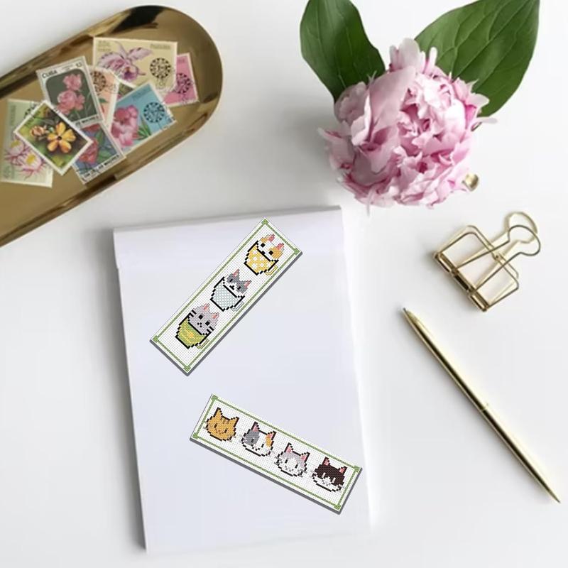 Cartoon Cat Pattern Cross Stitch Kit, 6 Counts set DIY Cross Stitch Bookmark Kit with Random Color Embroidery Accessories