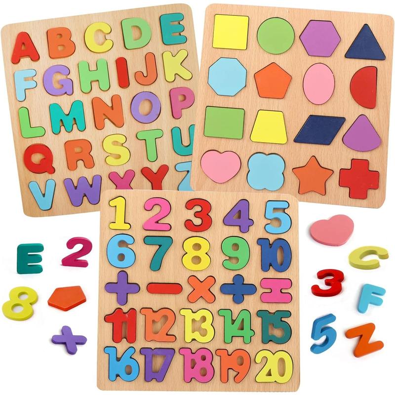 Puzzles for , 3 Pack Wooden ABC Alphabet Number Shape Puzzles  Learning Toys  Boys Girls, Montessori Preschool Educational Gift Learning Letter Puzzles Toys