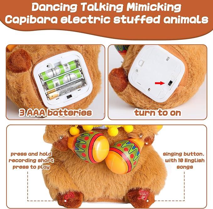 EMOIN Capybara Dancing Talking Mimicking Toys for people with 10 English Songs Singing Musical Toy Tummy Time Toy Mimic Repeats What You Say