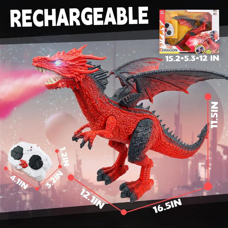 BEZGAR Dragon Toy, Remote Control Dragon, Red Dragon Figure Learning Realistic Looking Large Size with Roaring Spraying Light Up Eyes, Fire Breathing Dragon for age 4+ dinosaur  animal