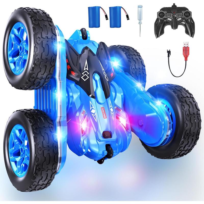 Remote Control Car, RC Cars with Strip Lights and Headlight, 2 Hours Long Battery Life, 4WD Double-Sided 360° Flips Rotating Stunt RC Car Toys, Birthday Gift for Boys Girls (Blue)