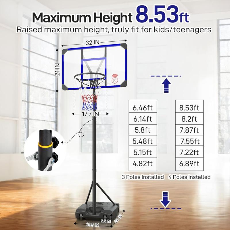 Kids Basketball Hoop Outdoor 4.82-8.53ft Adjustable, Portable Basketball Hoops & Goals for Kids Teenagers Youth in Backyard Driveway Indoor, with Enlarged Base and PC Backboard