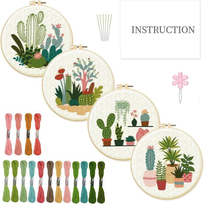 Cactus Pattern Embroidery Starter Kit, Including Embroidery Cloth, Hoop, Floss, Needle, Threader & Shear, Cross Stitch Embroidery for Beginners, Gifts for Girlfriend, Summer Gifts