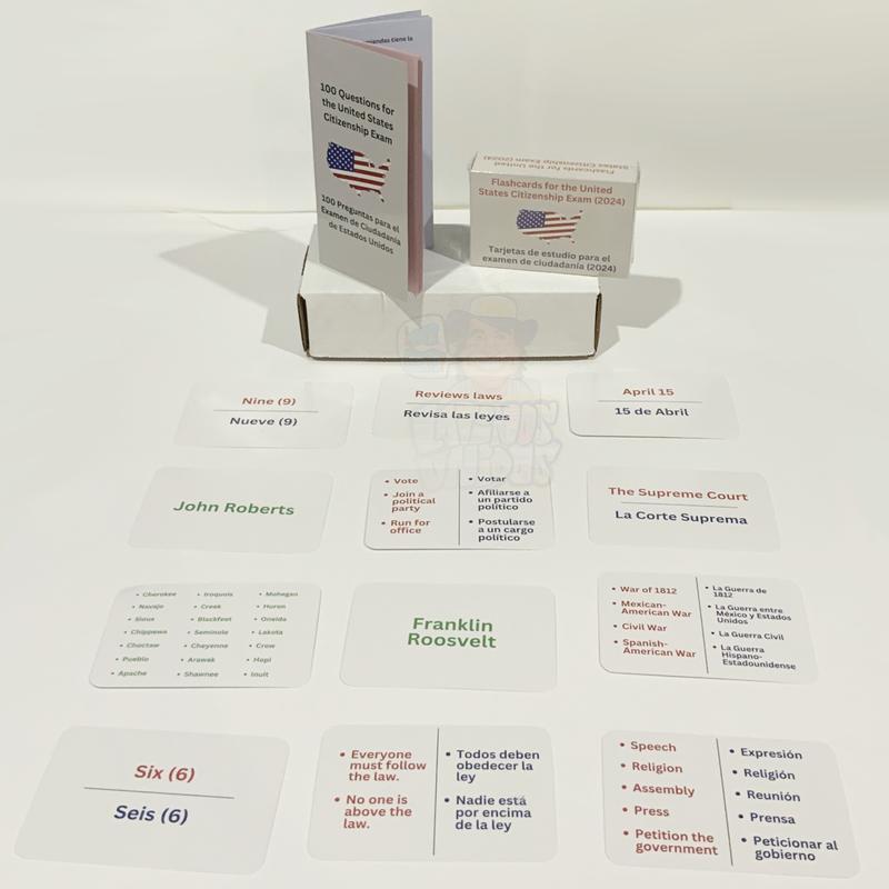 U.S. Civics Test Flash Cards Combo Set with Bilingual Booklet - English Spanish