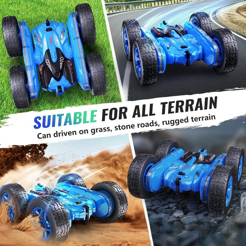 Remote Control Car, RC Cars with Strip Lights and Headlight, 2 Hours Long Battery Life, 4WD Double-Sided 360° Flips Rotating Stunt RC Car Toys, Birthday Gift for Boys Girls (Blue)