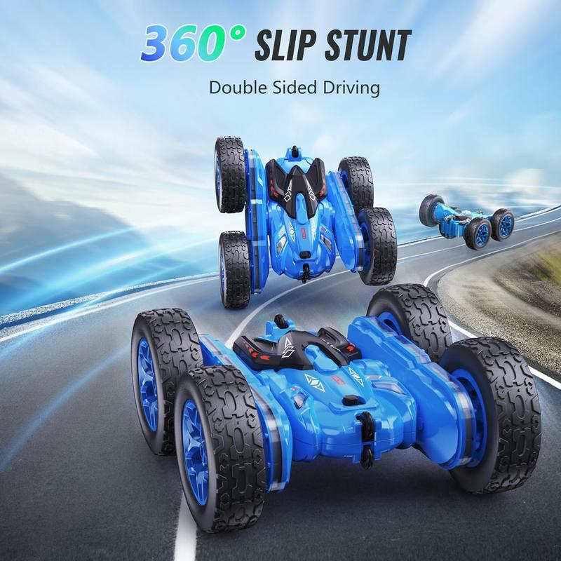 Remote Control Car, RC Cars with Strip Lights and Headlight, 2 Hours Long Battery Life, 4WD Double-Sided 360° Flips Rotating Stunt RC Car Toys, Birthday Gift for Boys Girls (Blue)