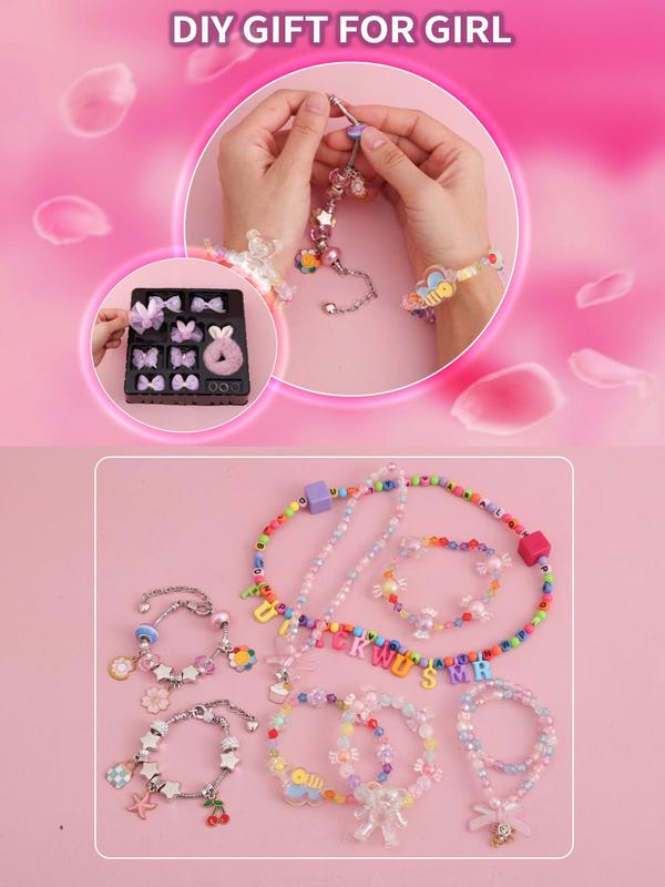 4 in 1 Beaded Jewelry Making Kit, Cute Bow & Flower Design Beaded Jewelry Kit, Diy Jewelry Making Supplies for Bracelet & Necklace Making, Diy Gift for Girl