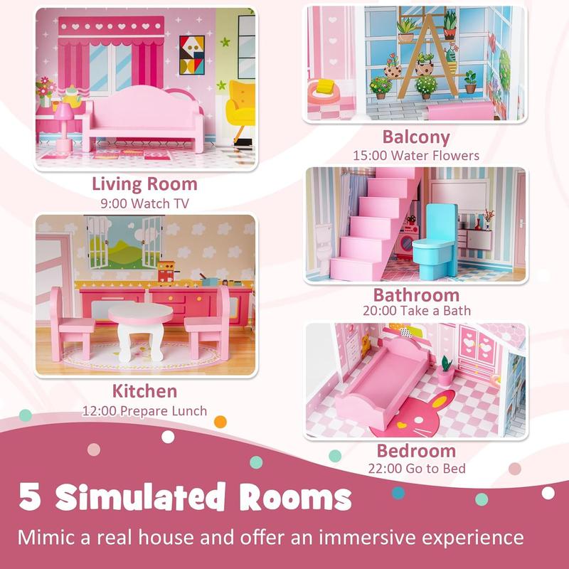 [ShopTab] Festival Joy Doll House for Little Princess, Story Wooden Dollhouse, Pieces Play Accessories & Furniture Included, Pretend Play Doll House Toy