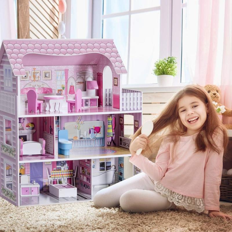 [ShopTab] Festival Joy Doll House for Little Princess, Story Wooden Dollhouse, Pieces Play Accessories & Furniture Included, Pretend Play Doll House Toy